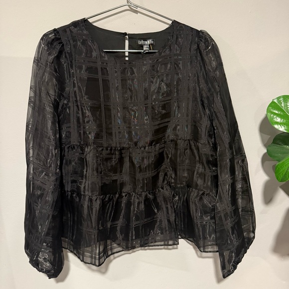 NWT COTTON BLEU SHEER FLOWY TIERED PLAID PRINT BLACK DRESS TOP CUFF SLEEVES SZ M - Picture 2 of 11